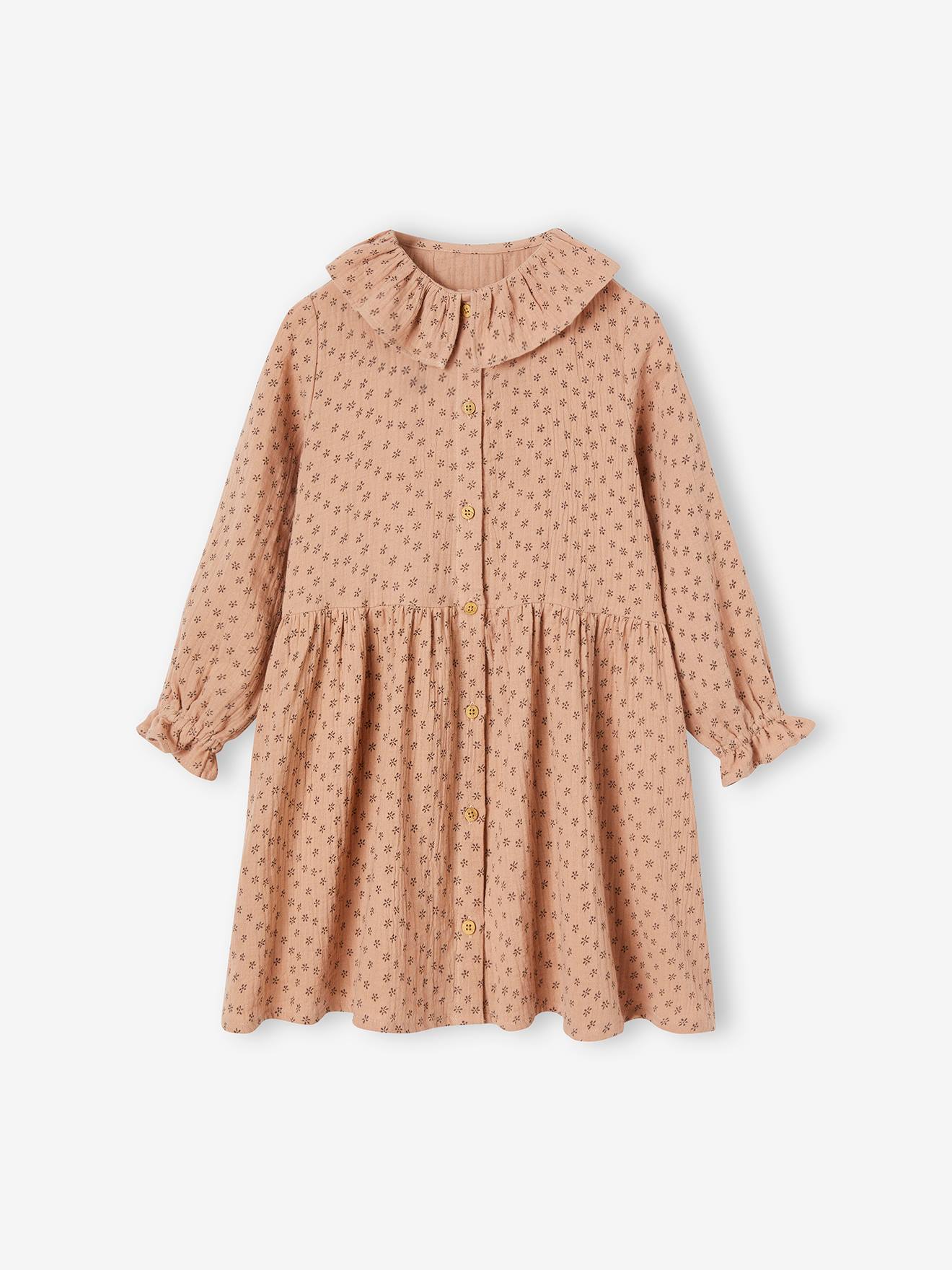 Vestido infantil em chiffon de algodão cor chocolate com botões.