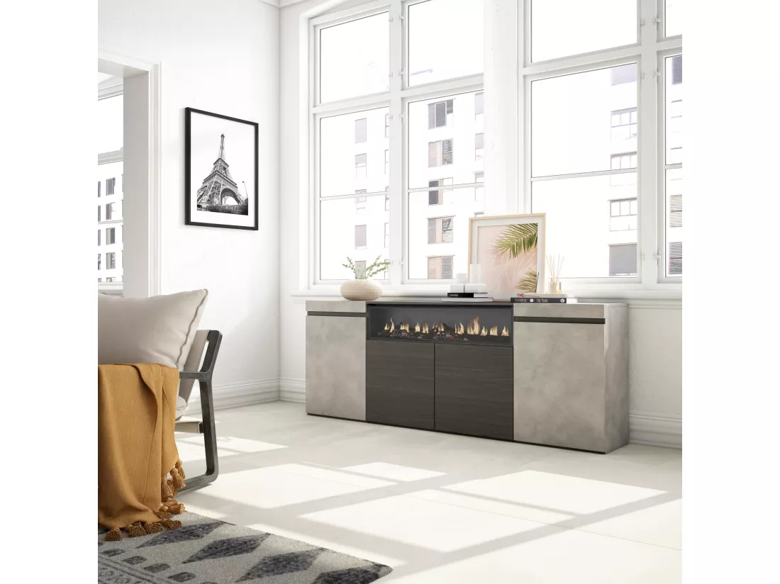 Buffet salon et cuisine, 200x75x35cm, 4 Portes, Cheminée électrique