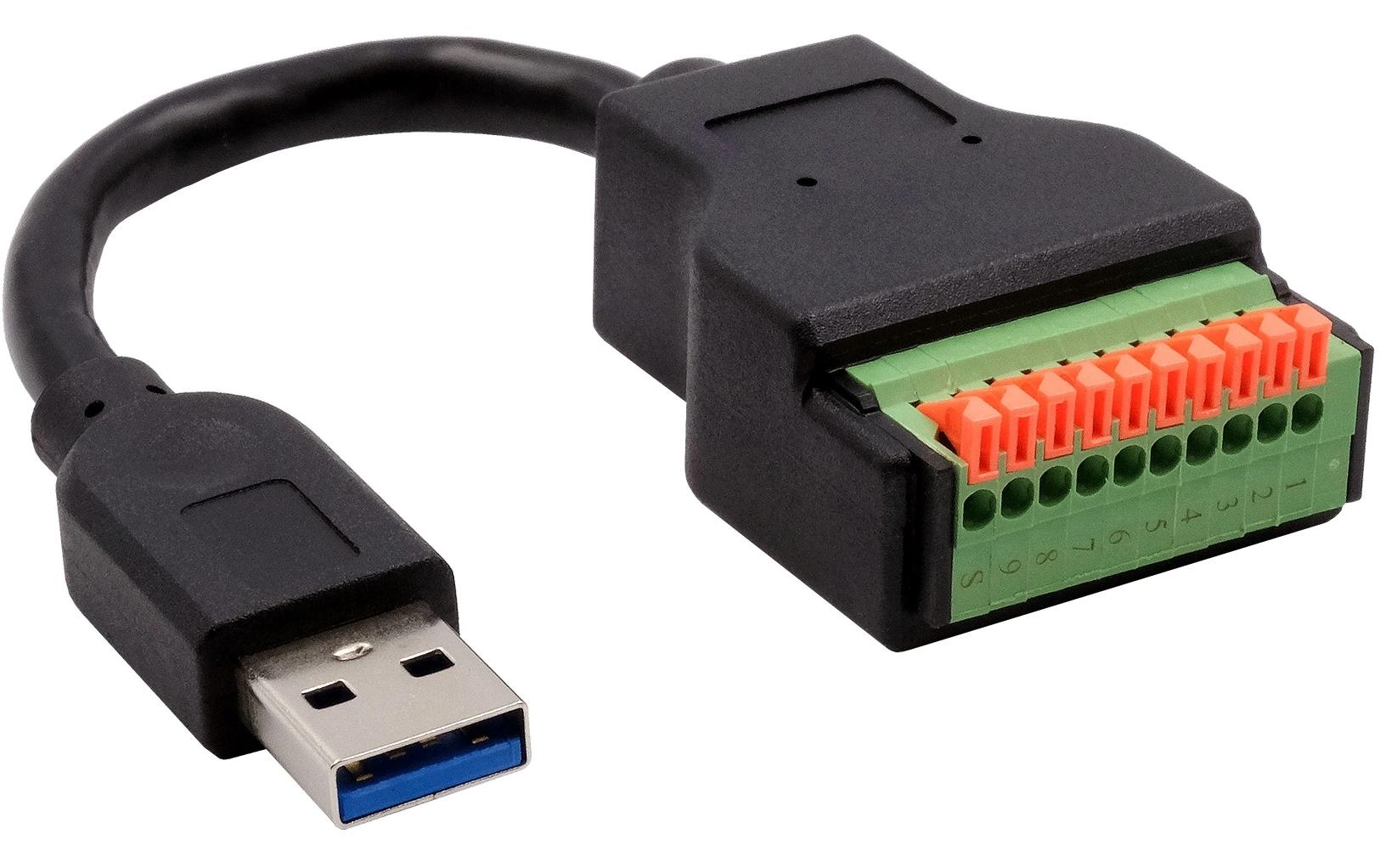 USB 3.1 Adapter USB-A Stecker - Terminalblock 10-pinKabel-Adapter USB-A Stecker zu 10-pin Terminal Block mit Drucktaster, USB 3.2, 15 cm