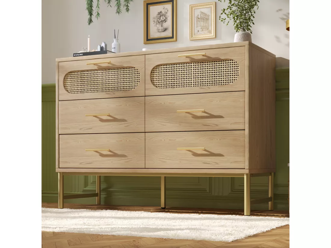 Commode en rotin avec 6 tiroirs, pour salon et chambre, poignées en métal, anti-basculement, 120 x 40 x 74 cm, chêne Sonoma