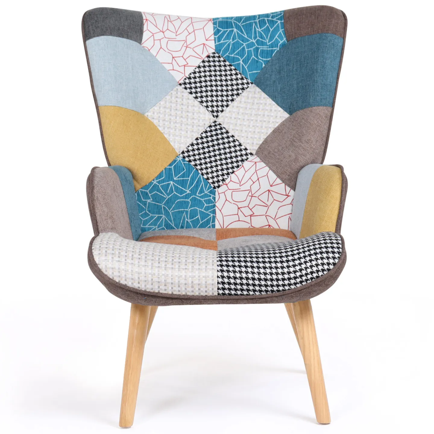 Fauteuil scandinave IVAR avec repose pieds en tissu patchwork multicouleurs