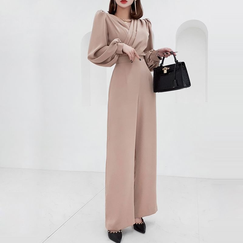 Cassidy - Lange mouwen V-hals effen jumpsuit