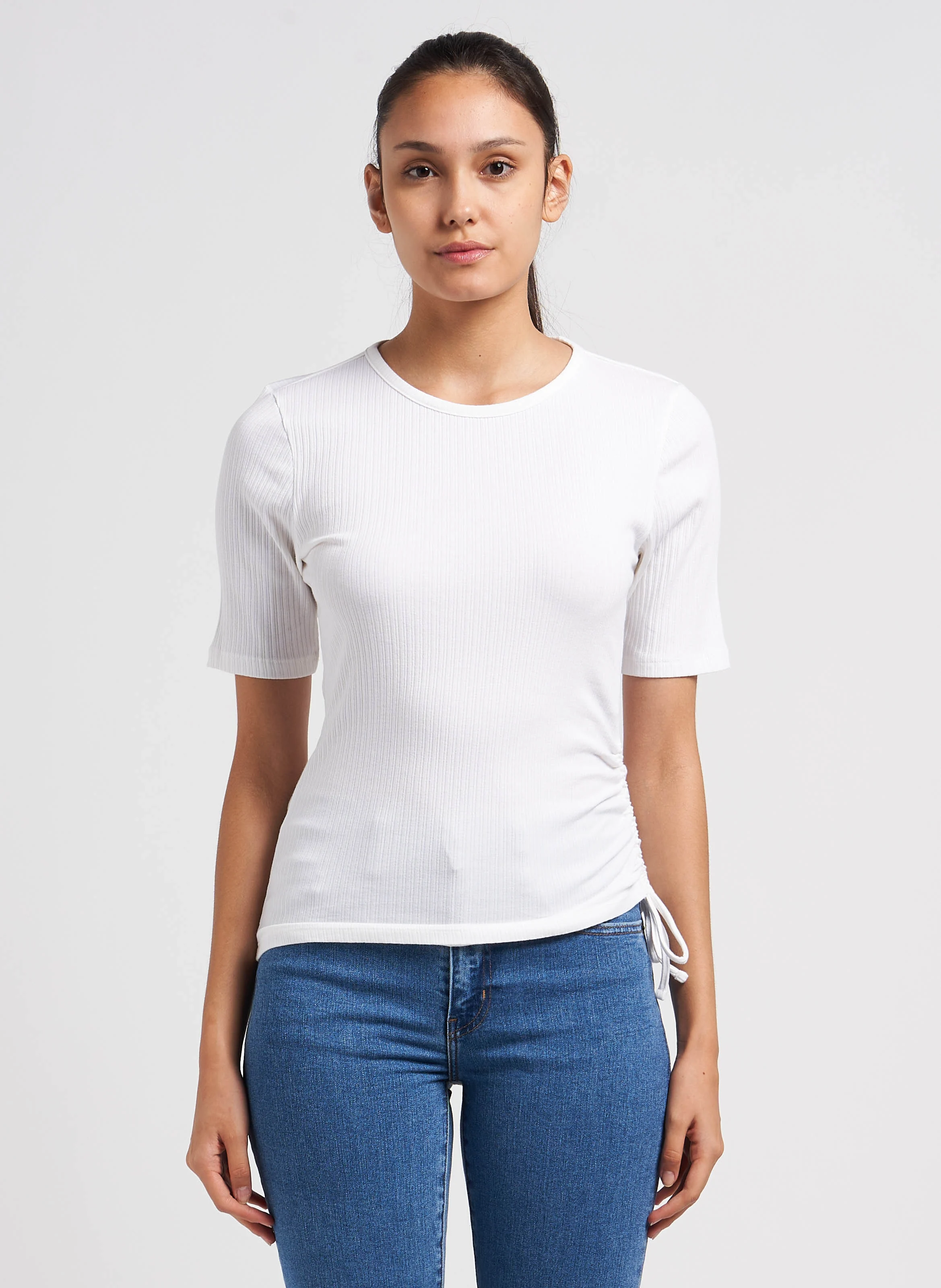 SIDE TIE SS - Top col rond côtelé en coton stretch| Beige