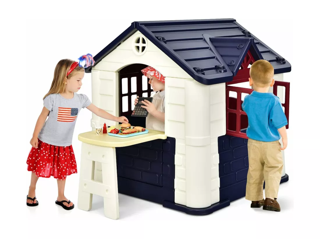 Cabane de Jardin pour Enfant - Table de Pique Nique, Maison Enfant Exterieur -Thème Burger Bar - en Plastique 164x124x132 cm Bleu