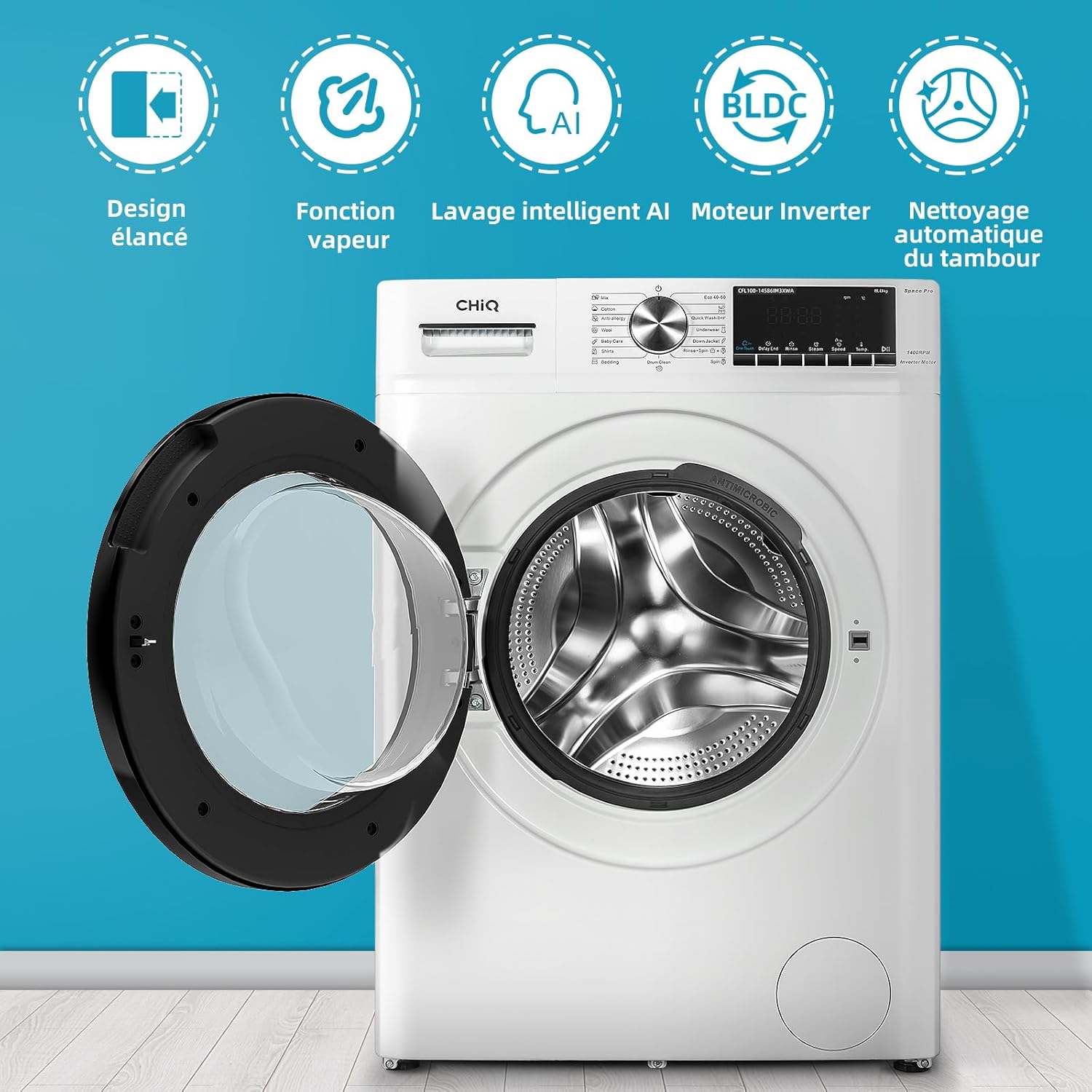 Lave-linge CHiQ à chargement frontal 10 kg CFL100-14586IM3XWA, blanc