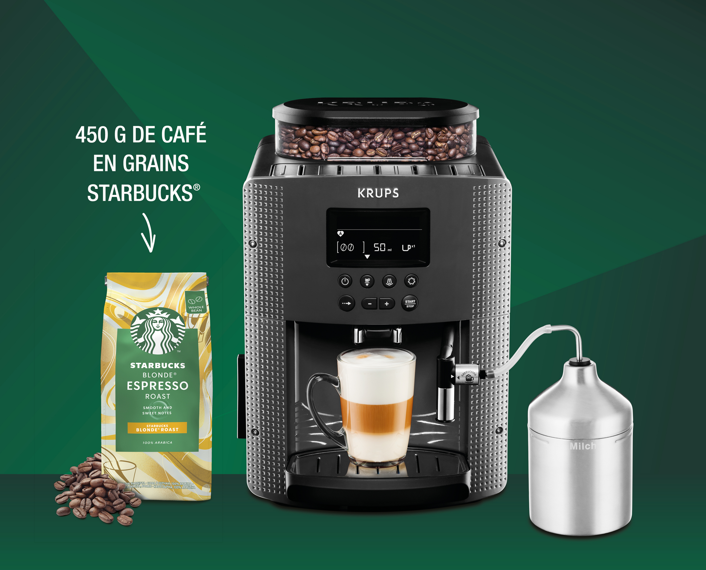 Essential, Machine à café à grain, 3 boissons Ecran LCD, mousseur, café Starbucks
