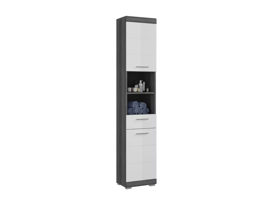 Colonne de salle de bain SCOTT – 2 portes et 1 tiroir – Gris foncé et blanc – 37x191x31 cm