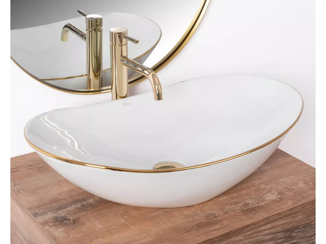 Set De Vasque À Poser Rea Royal White + Robinet De Lavabo Lungo Gold High + Bonde Gold