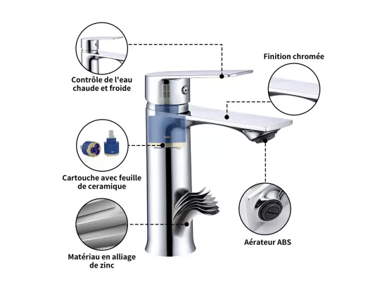 Robinet Salle de Bain Chromé Mitigeur de Lavabo à Deux Voies pour Salle de Bain Robinet de Lavabo en Laiton Robinetterie Moderne
