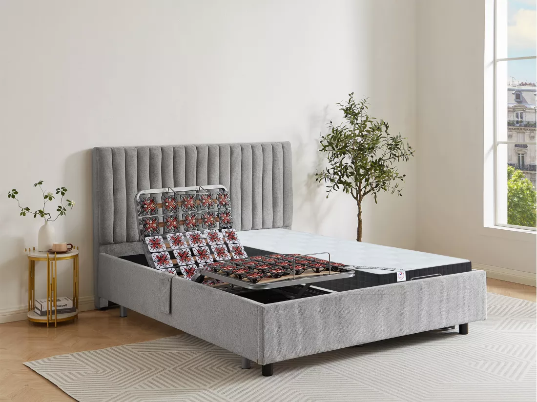 Lit électrique de relaxation déco tout plots + matelas ressorts ensachés et mémoire de forme - 2 x 70 x 190 cm - Tissu - Gris - ANTALISA de YSMÉE