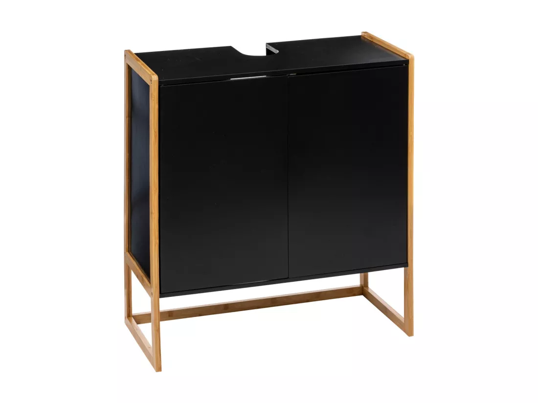 Meuble sous lavabo en Bambou et Bois Noir 2 Portes H 80 cm