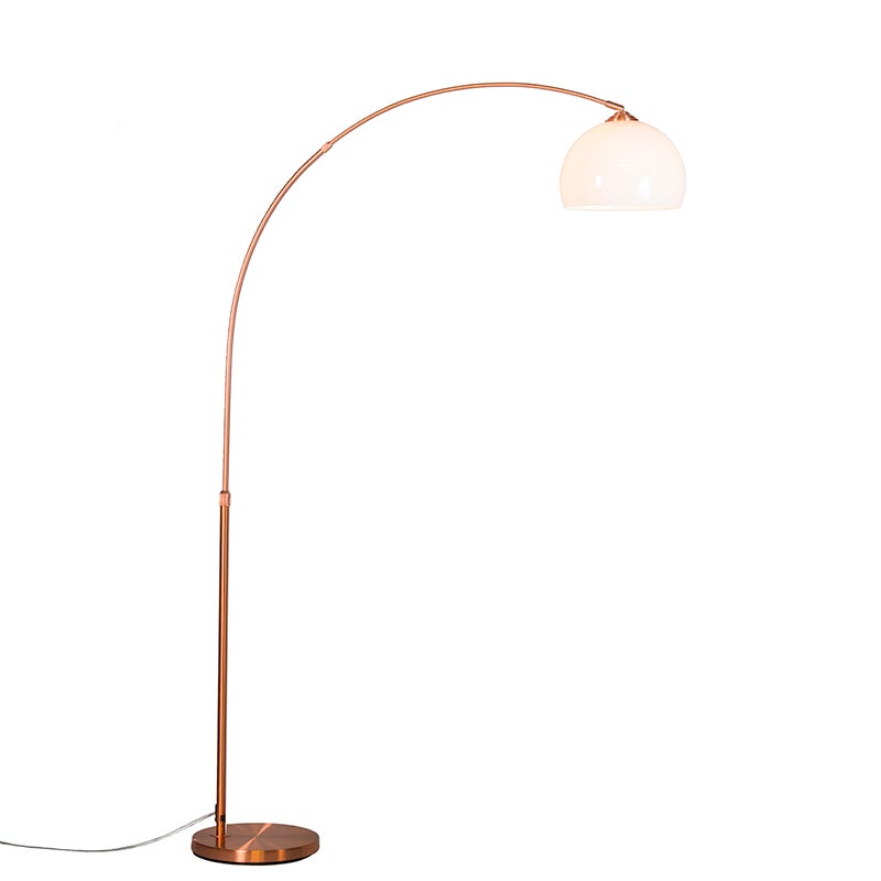 QAZQA - Moderne koperen booglamp met witte kap - Arc Basic I Woonkamer - Steel Round I Langwerpig - LED-compatibel E27