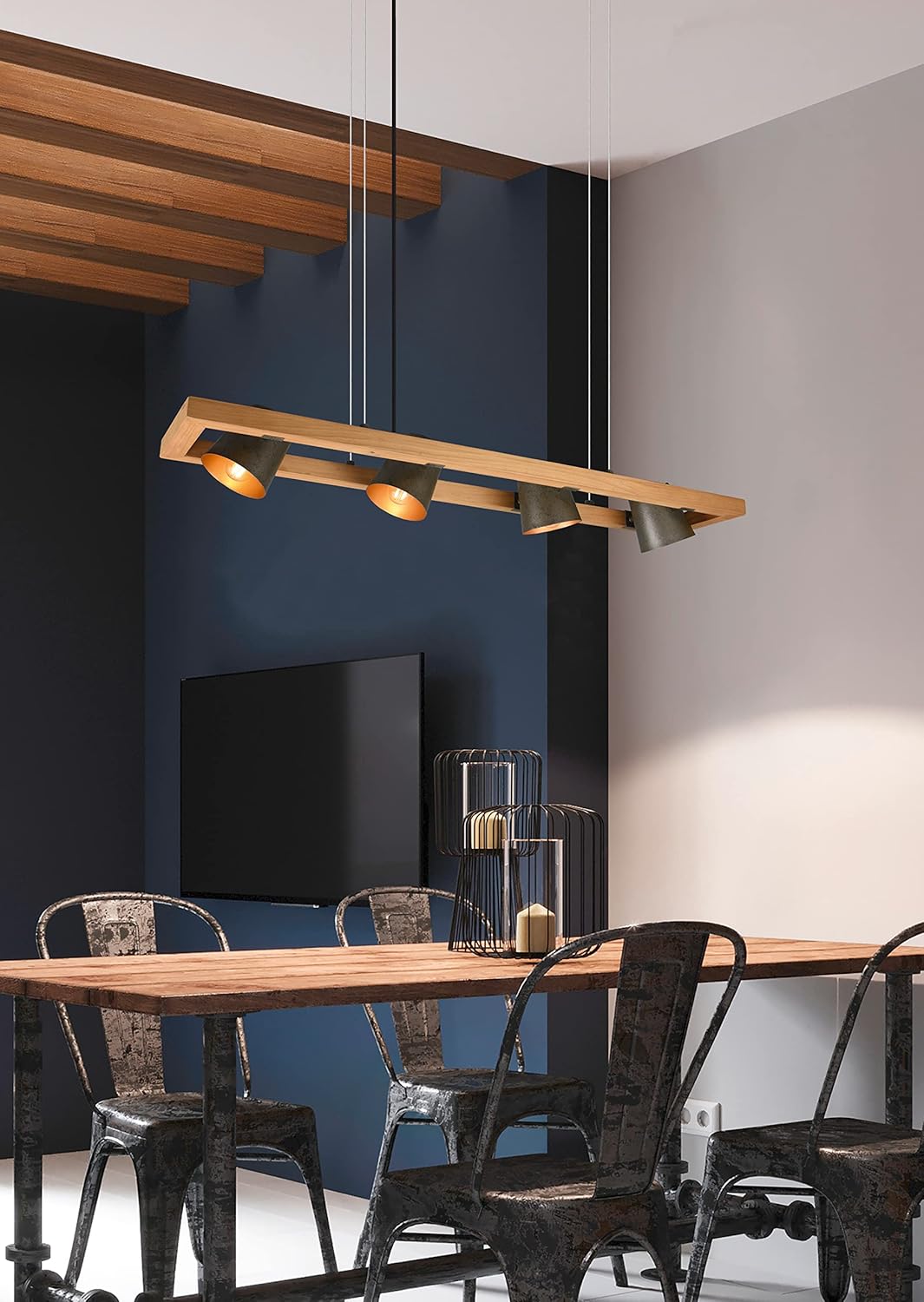 Pendelleuchte Ben, Hängelampe mit Schirm in Nickel Antik, Innenseite Gold, Hängeleuchte Esstisch mit Korpus aus Holz und Metall, exkl. 4 x E14 (max. 25W). Höhe: 150cm, Breite: 100cm