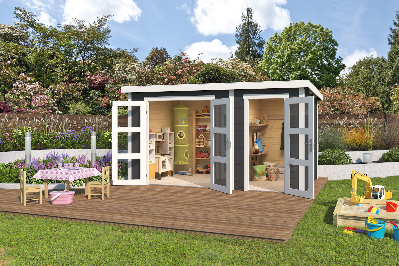 Gartenhaus ZAMBEZI XL - carbongrau - Fichte massiv - 380x240 cm