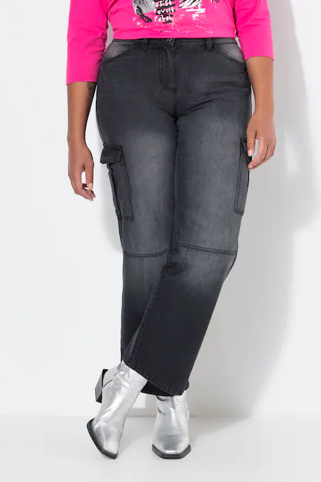 Cargojeans, Straight Fit, bleached, Cargotaschen, teilelastischer Bund, black