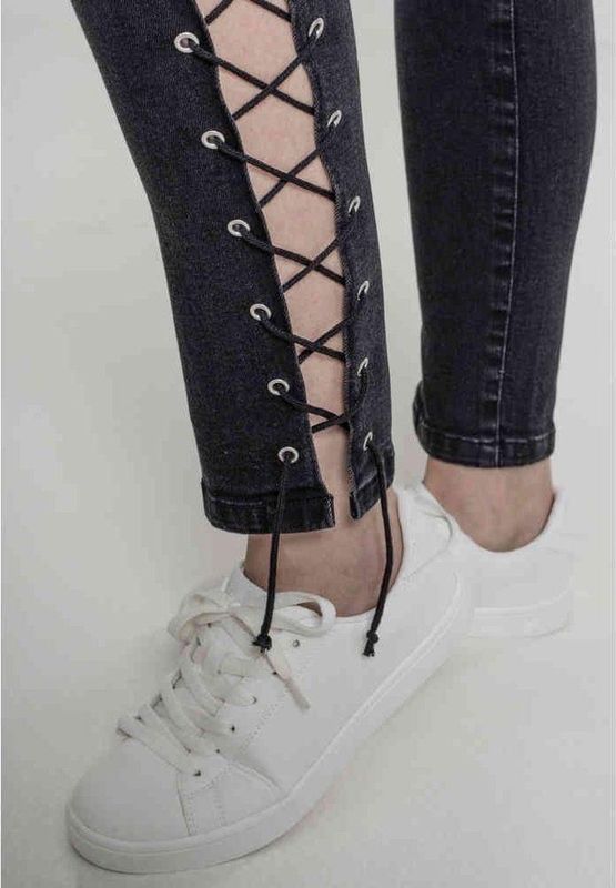 Urban Classics - Denim Lace Up Skinny Pants - Jeans - Zwart - Denim