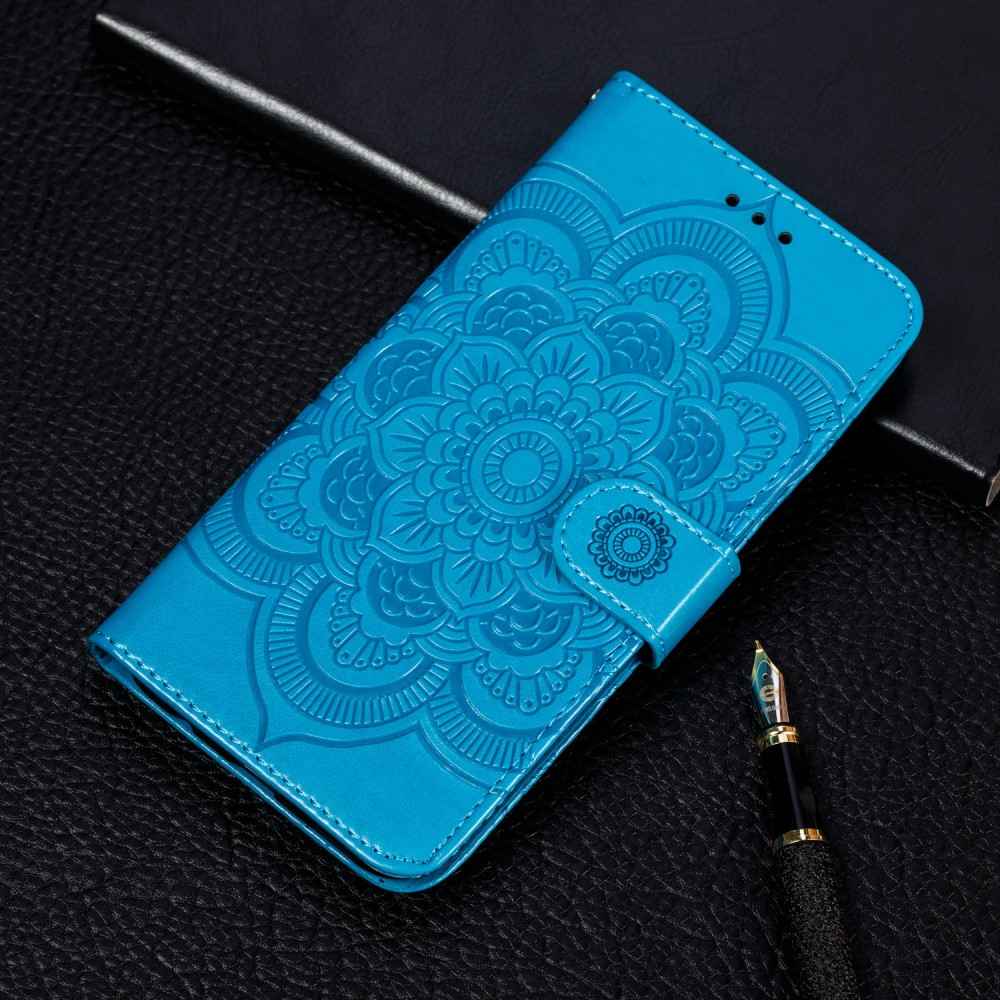 iPhone SE (2022/2020) / 8 / 7 Leder Tasche Wallet - Mandala Flowers Imprint in Blau
