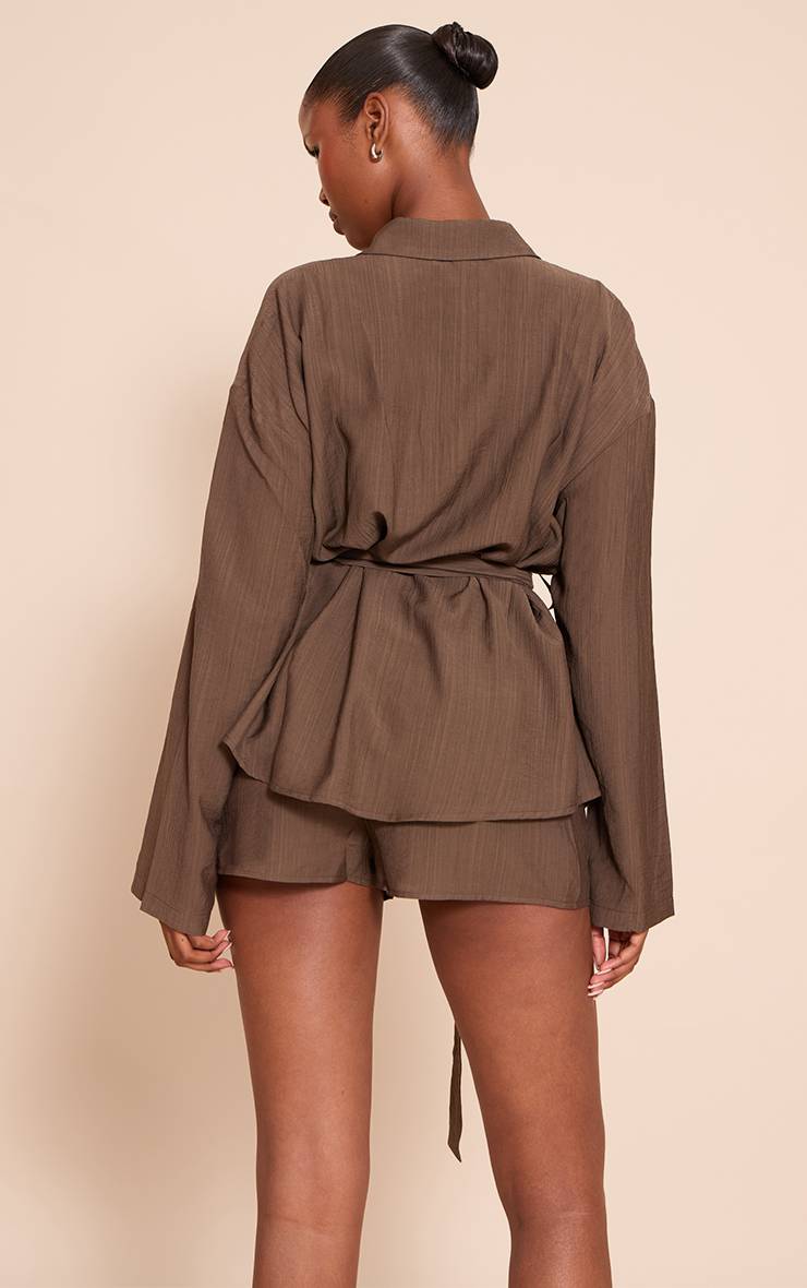 Chocolat Chemise Texturée Cintrée À La Taille Par Ceinture
