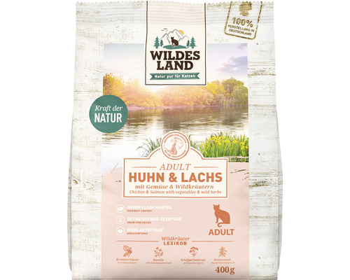 WILDES LAND droogvoer voor katten, kip en zalm met tuingroenten en waardevolle superfoods, graanvrij, glutenvrij, 400 g