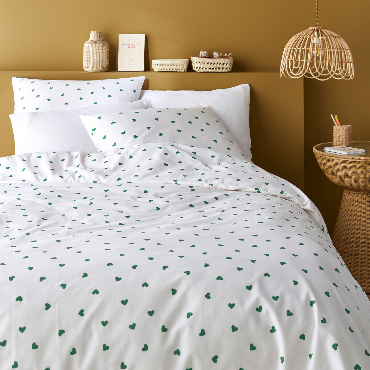 LA REDOUTE INTERIEURS<br>Conjunto de cama 50% algodão reciclado, fronha retangular. Verde, Scacco