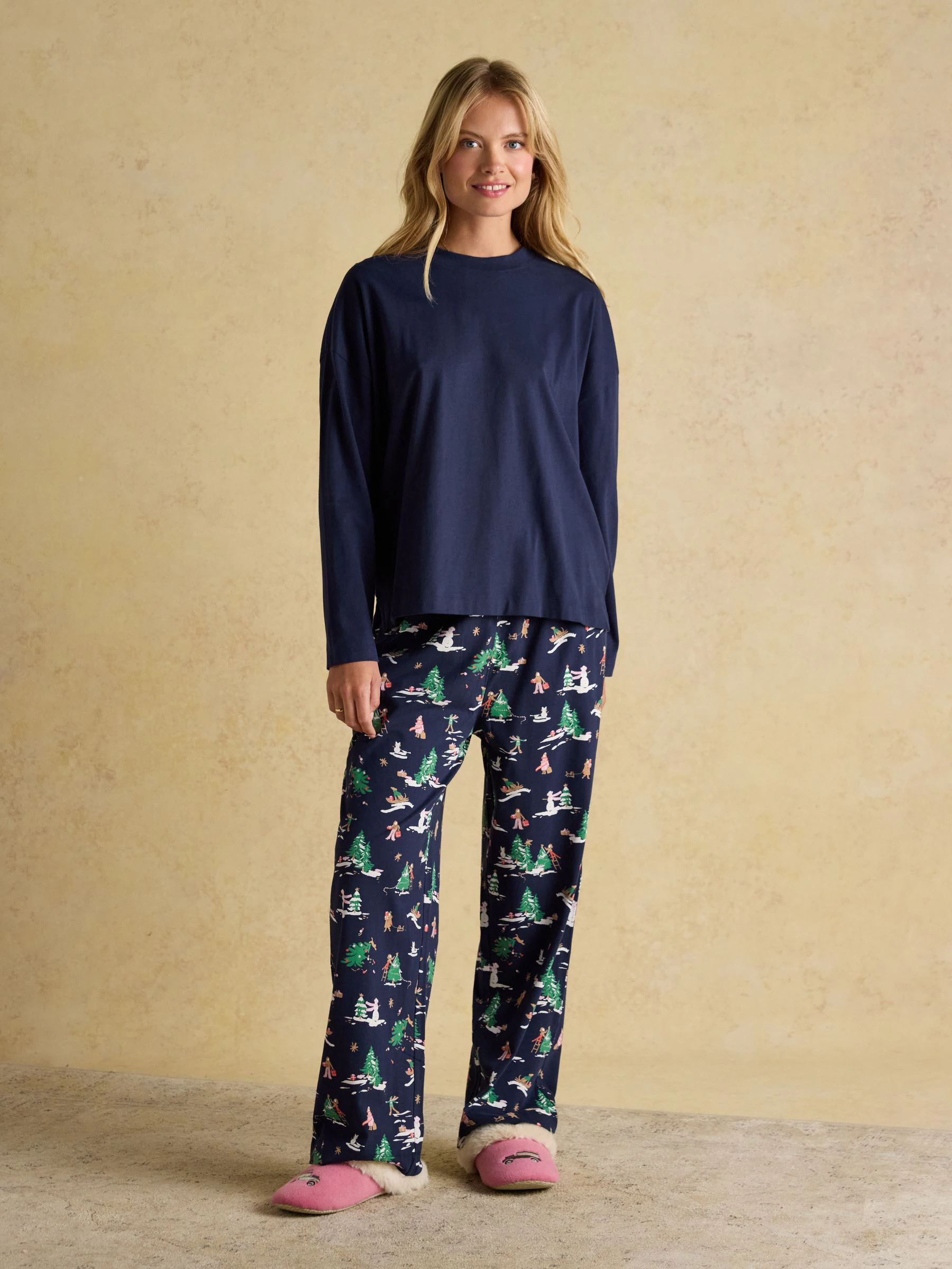 Navy Festive - Joules Lyla Long Sleeve Jersey Cotton Pyjama Set