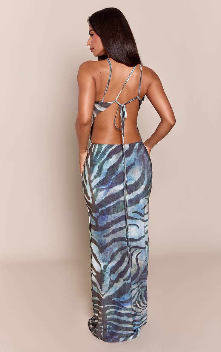 Bleu Robe Maxi À Imprimé Abstrait Flou Double Couche Toucher Doux Détail De Perles