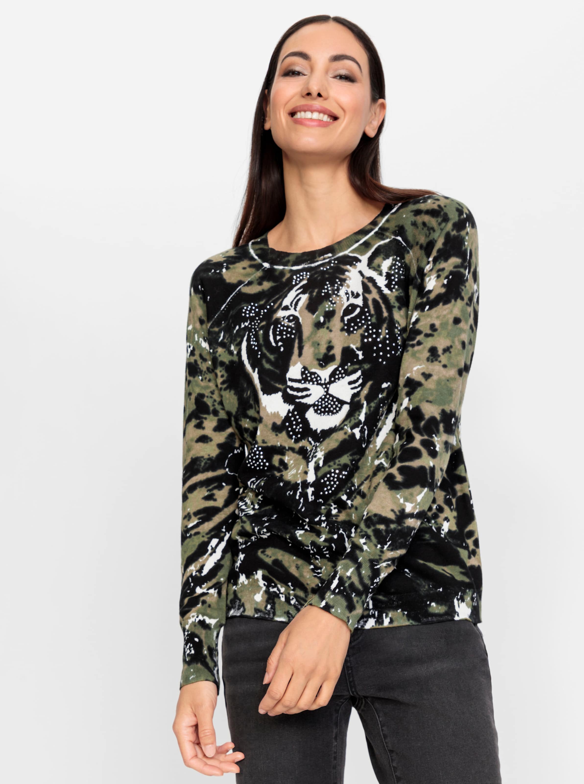 heine Druck-Pullover in khaki-schwarz-bedruckt
