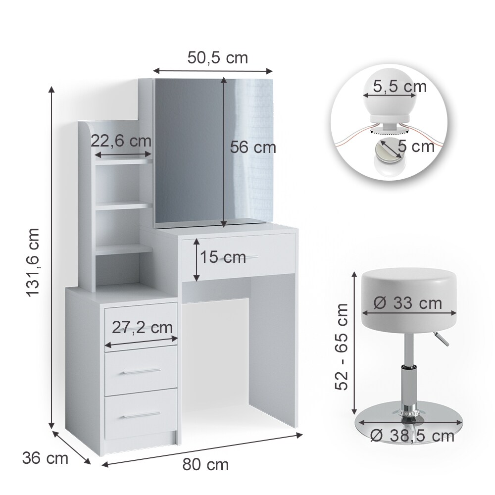 Vicco Schminktisch Frisiertisch Schminkkommode Conrada LED-Beleuchtung + Hocker