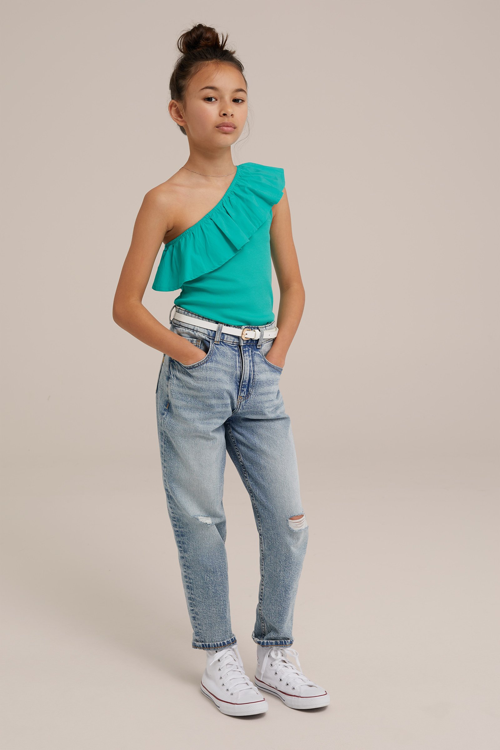Meisjes one-shoulder top met ribstructuur WE Fashion Turkoois