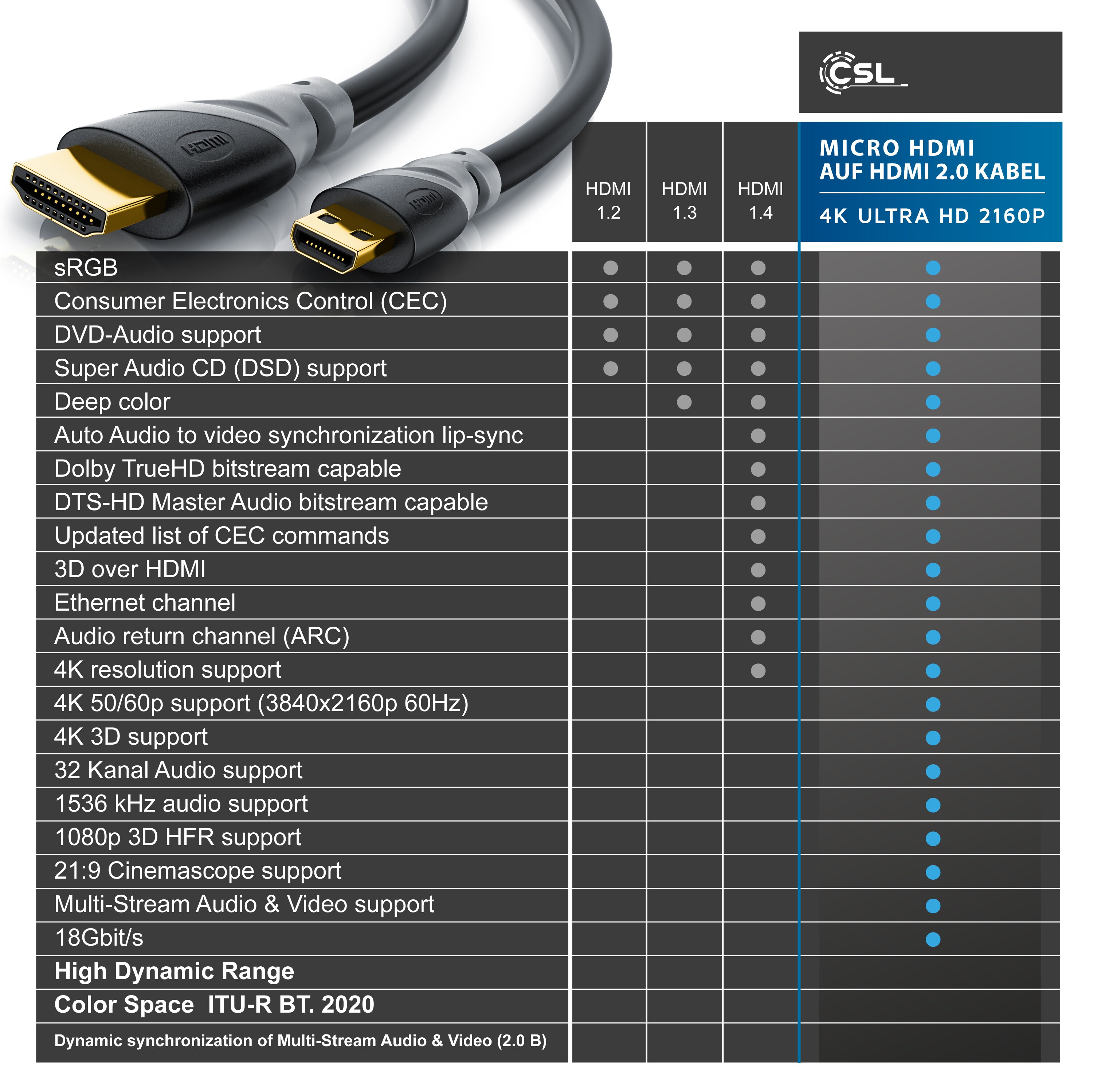 CSL HDMI Typ D (Micro) 2.0 zu HDMI Typ A Kabel, 4K, Ethernet, Ultra HD 2160p (3840 × 2160 Pixel) - 1m