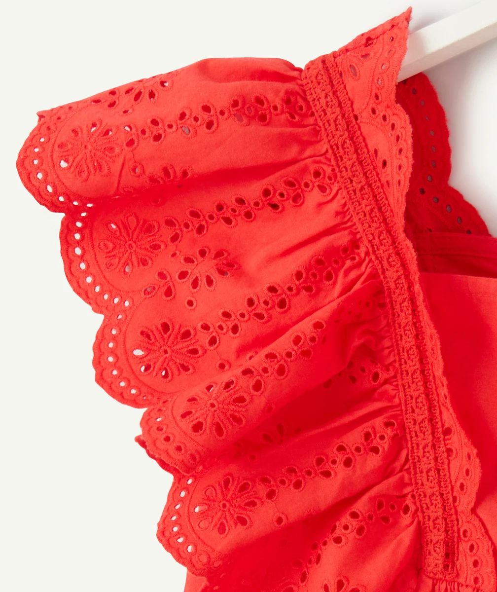 robe manches courtes fille rouge avec broderies et volants