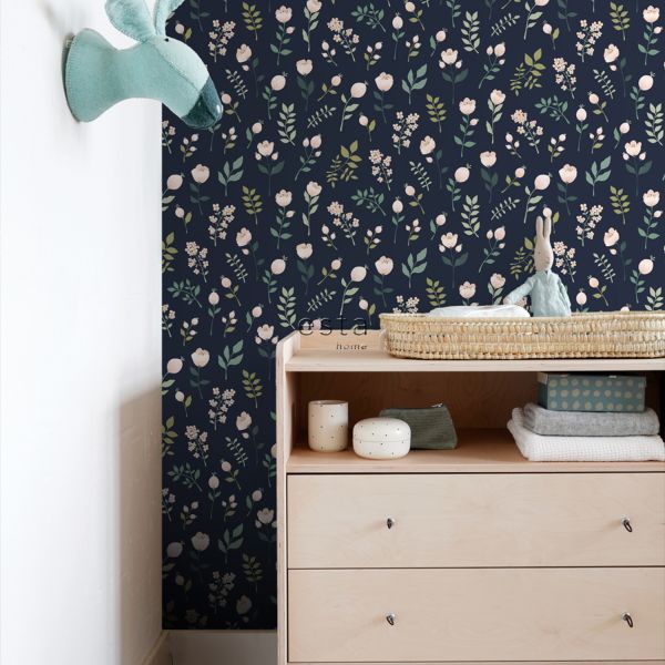 Estahome Bloemen Behang I - 0,53 x 10,05 m - Donkerblauw / Roze / Groen