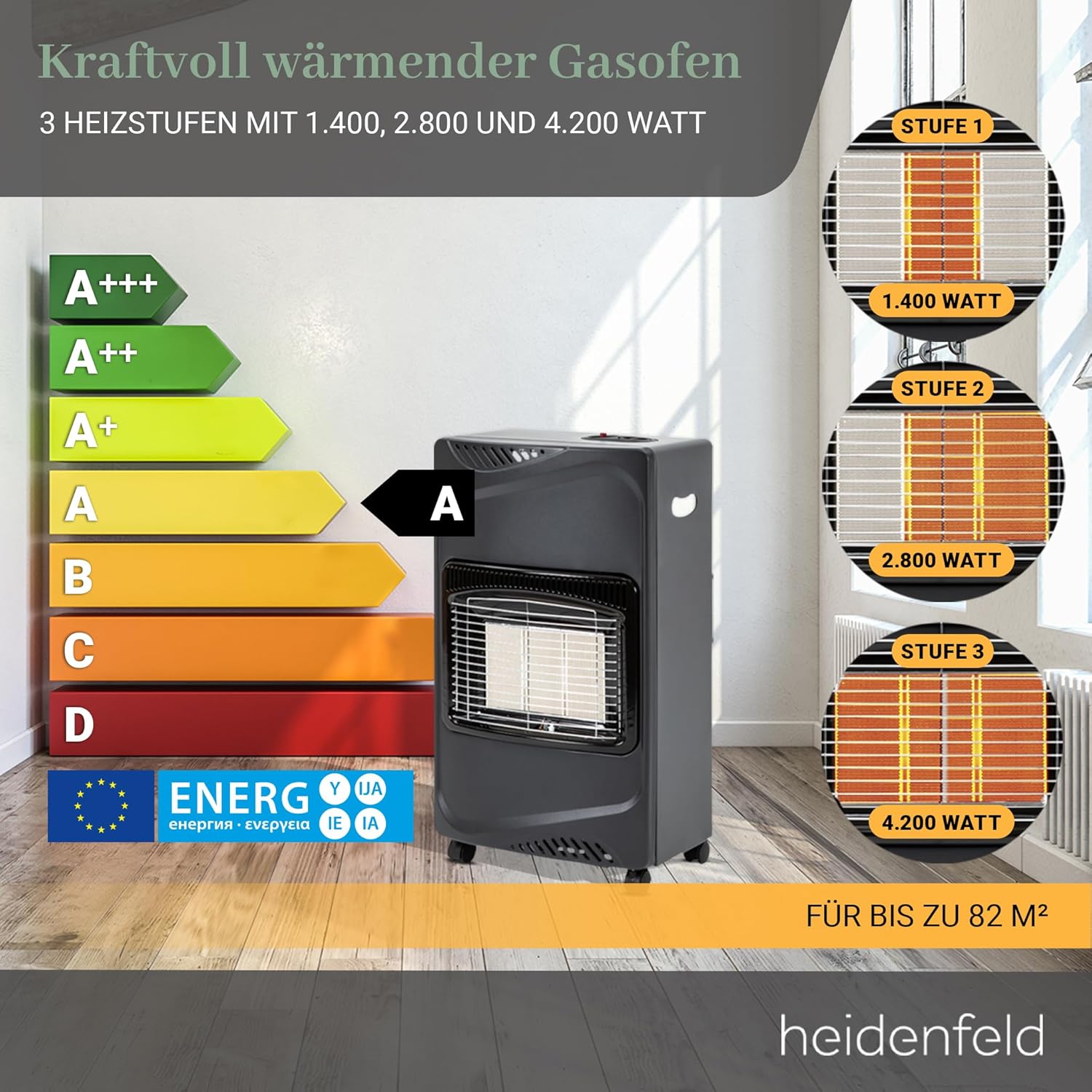 Heidenfeld Gasheizung Inferno GH100 |    - 4200 Watt - Heizstrahler - Gasheizung für Innenräume - Gasofen - Gasheizer - Gasflaschen bis 15 Kg - Gasschlauch (Schwarz)