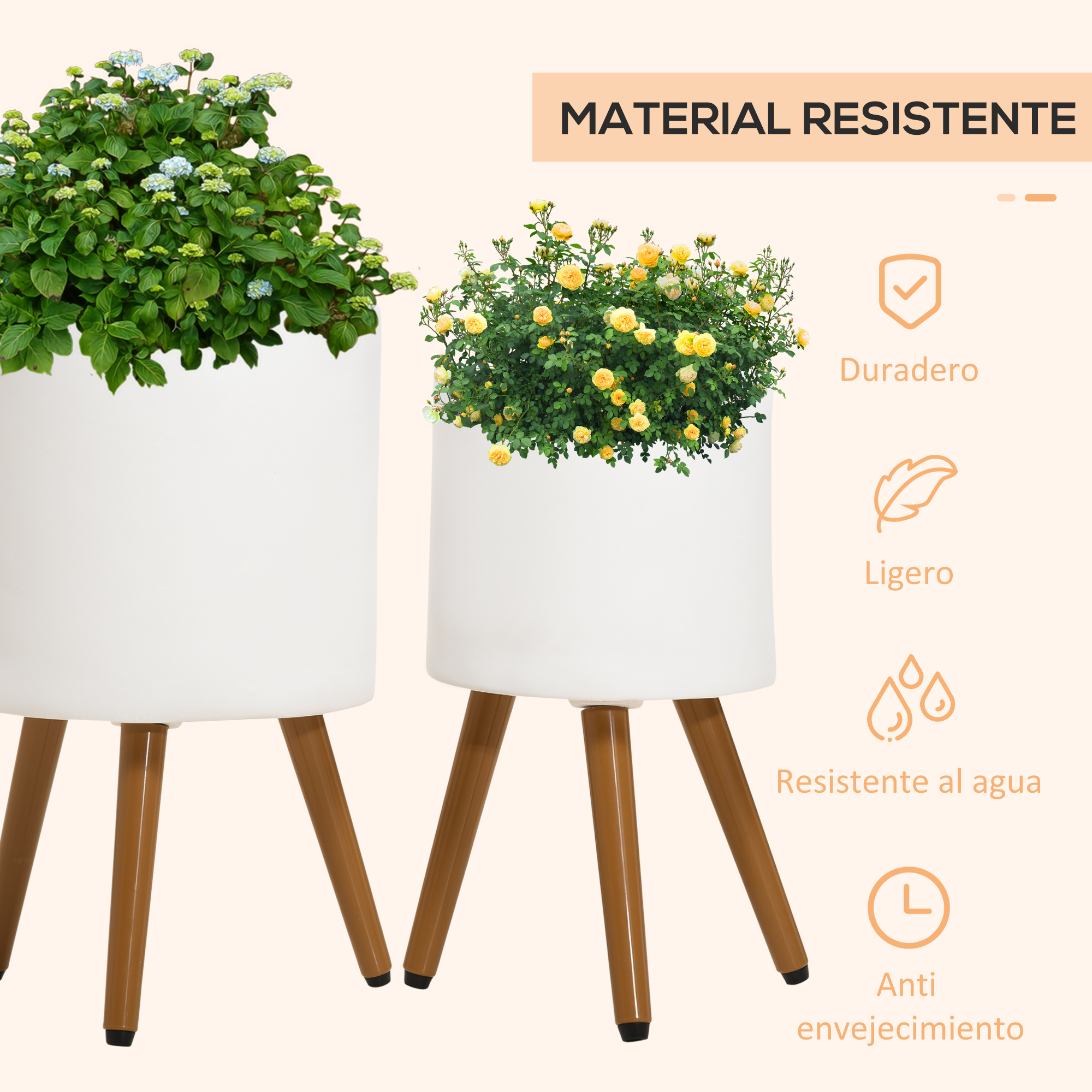 Conjunto de 2 vasos de plantas Outsunny, em magnésia, com pés removíveis e furo de drenagem, para decoração de interiores e exteriores, Ø31x55 cm e Ø26x47 cm, brancos.