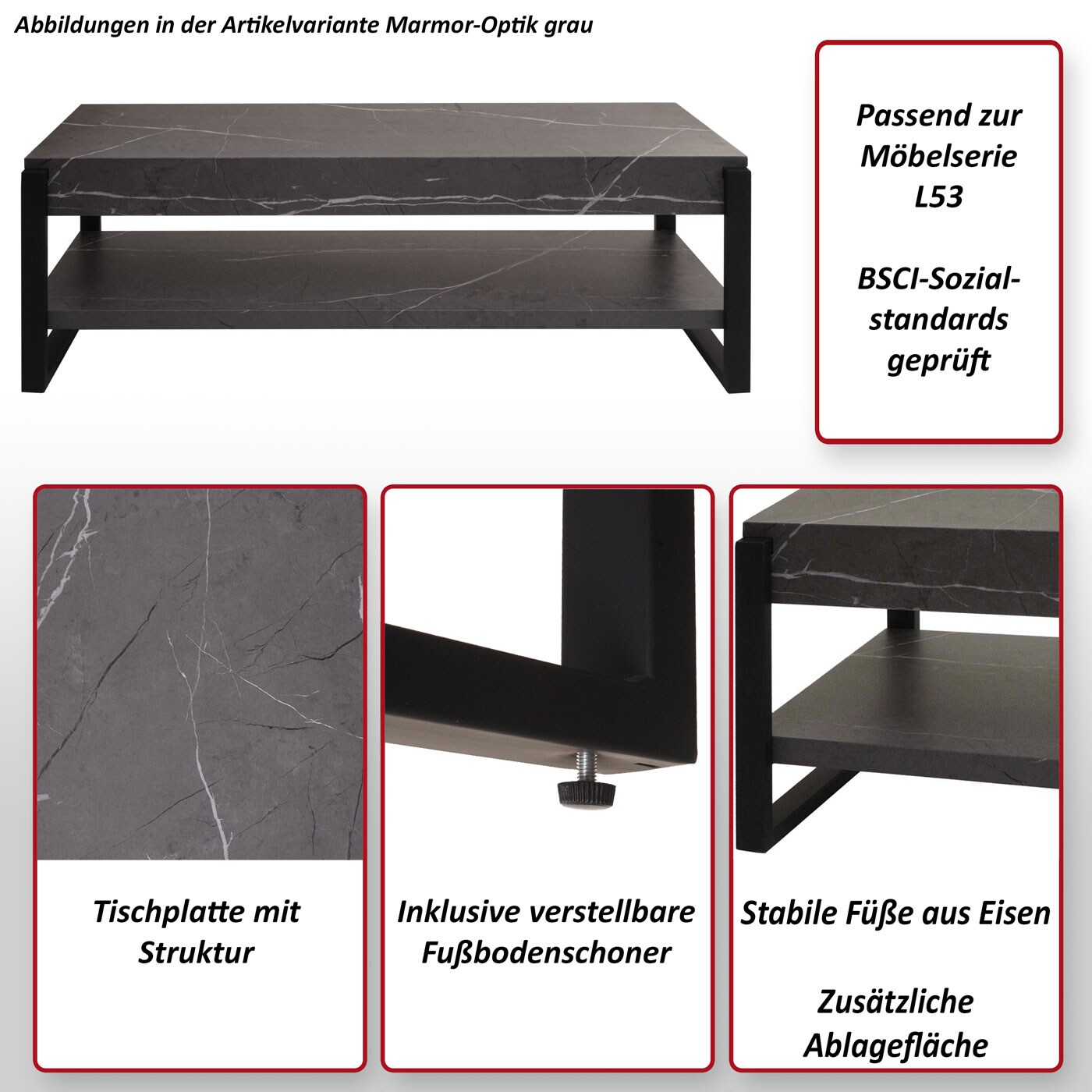 TV-Rack MCW-L53, Fernsehtisch Lowboard TV-Tisch, Metall 42x120x44cm ~ Marmor-Optik grau