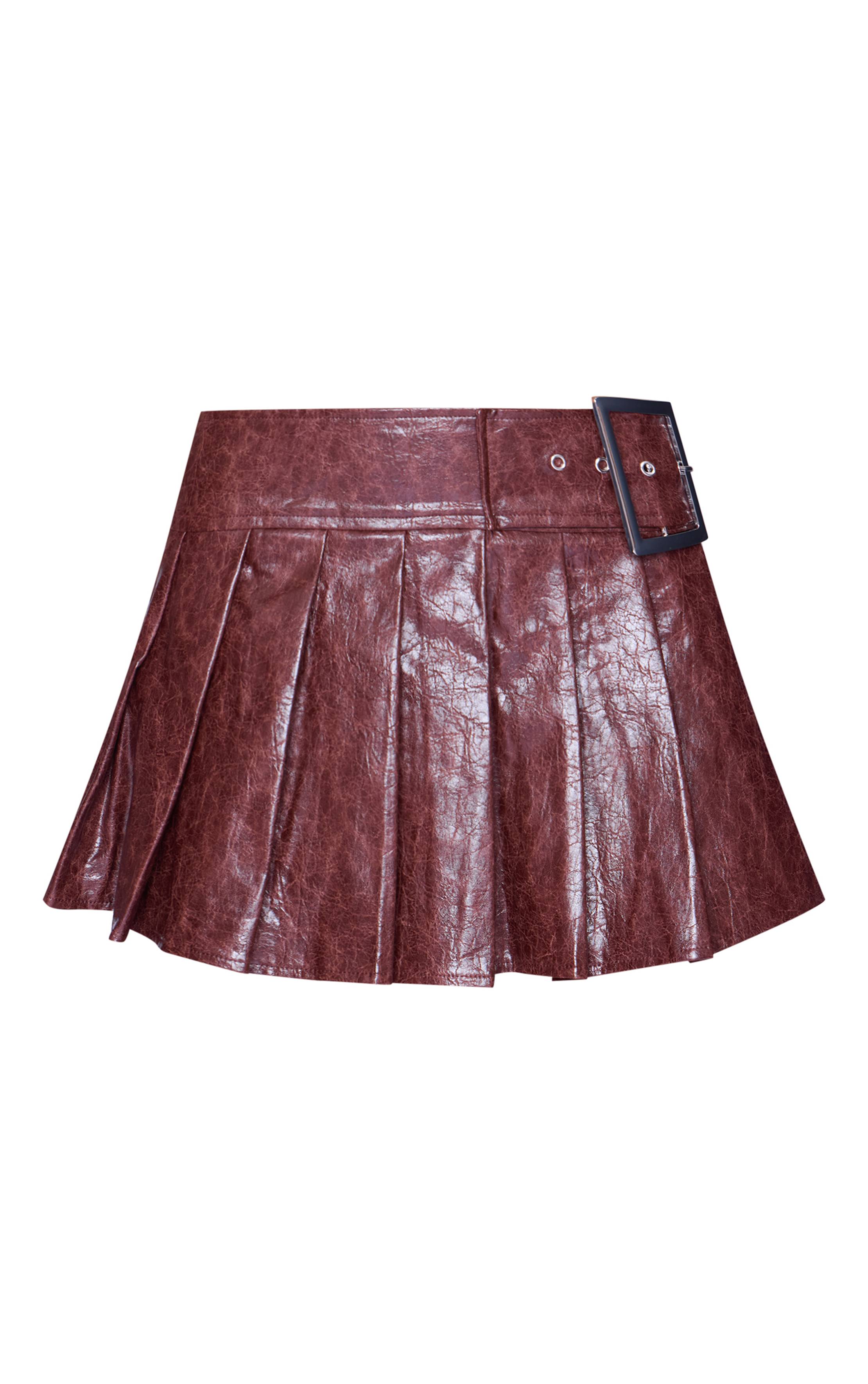Rouge Bordeaux Mini-jupe Plissée En Synthétiquecuir Avec Ceinture