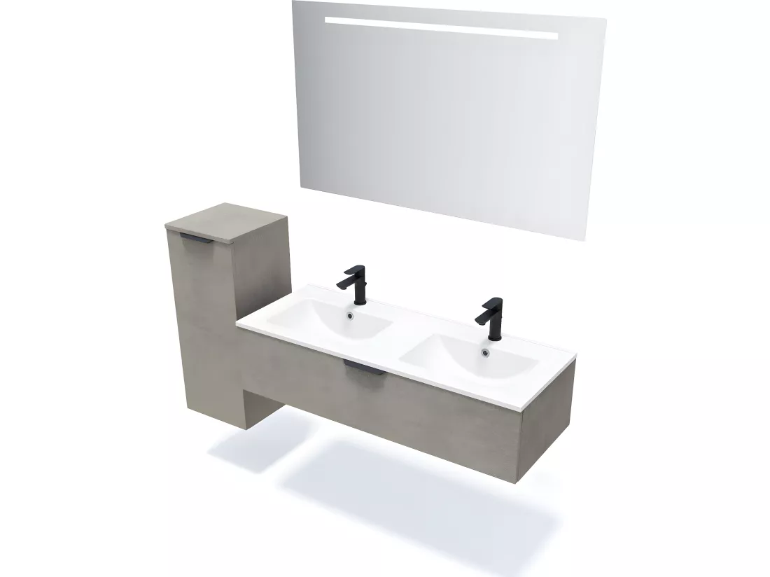 Meuble de salle de bain suspendu double vasque intégrée 120cm 1 tiroir façon Béton - Venice
