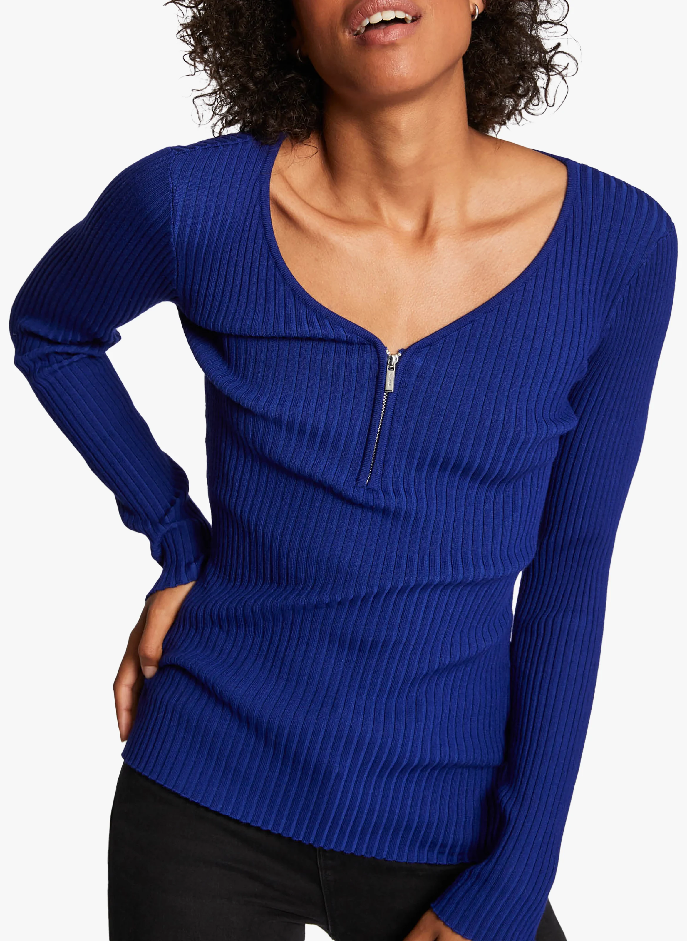 Pull col V zippé en maille côtelée | Bleu