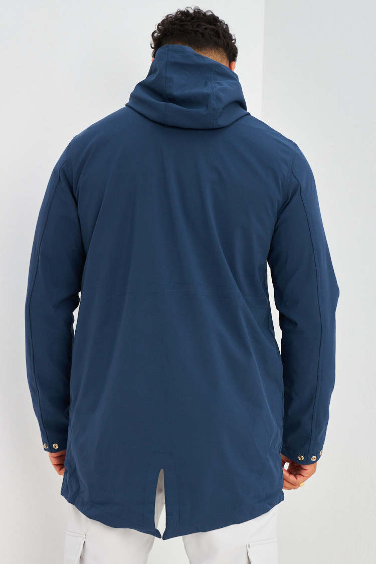 Veste mi-longue bleu marine à capuche