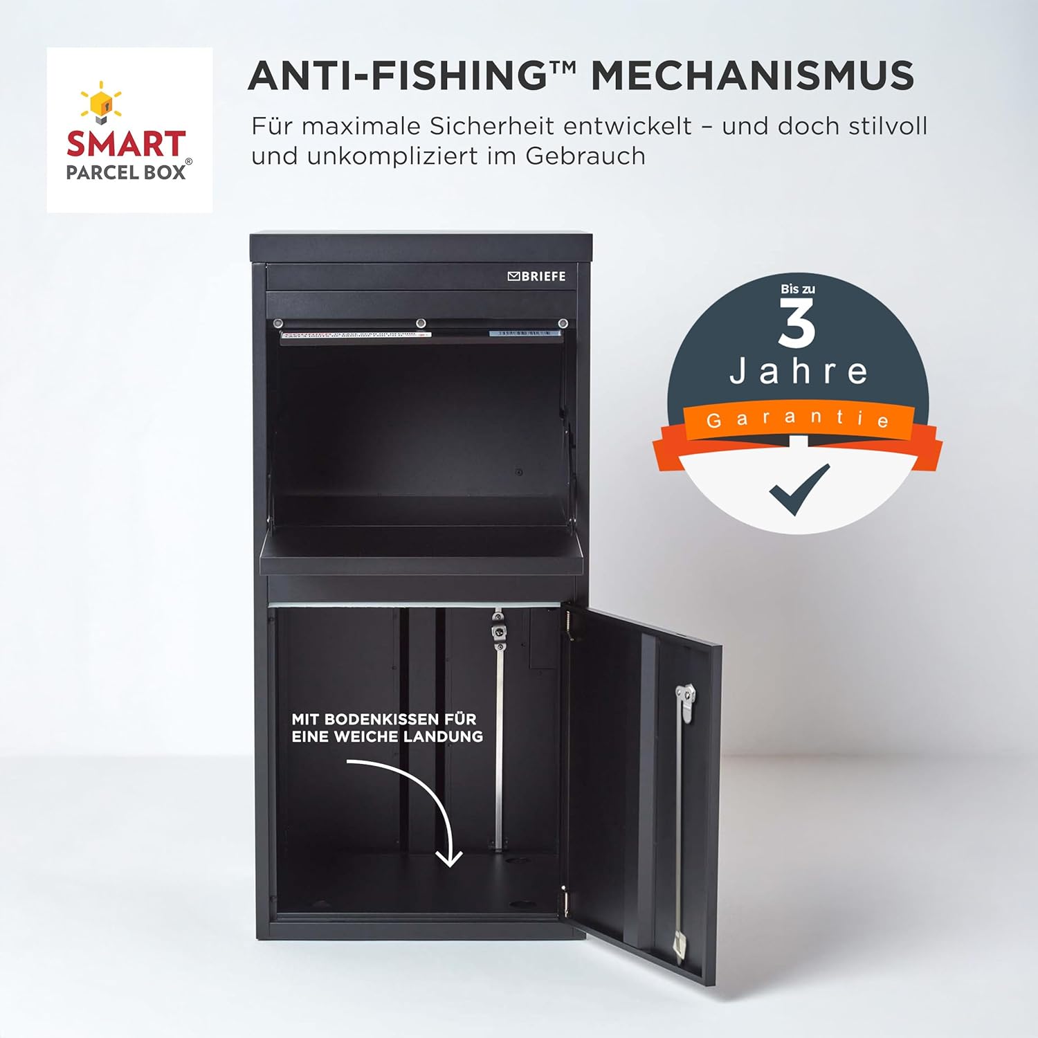 SMART PARCEL BOX XXL Paketbox für draußen, Paketbriefkasten zum Einbauen, zur Wandmontage oder freistehend, Entnahme hinten & vorne, rostfreier Stahl, schwarz