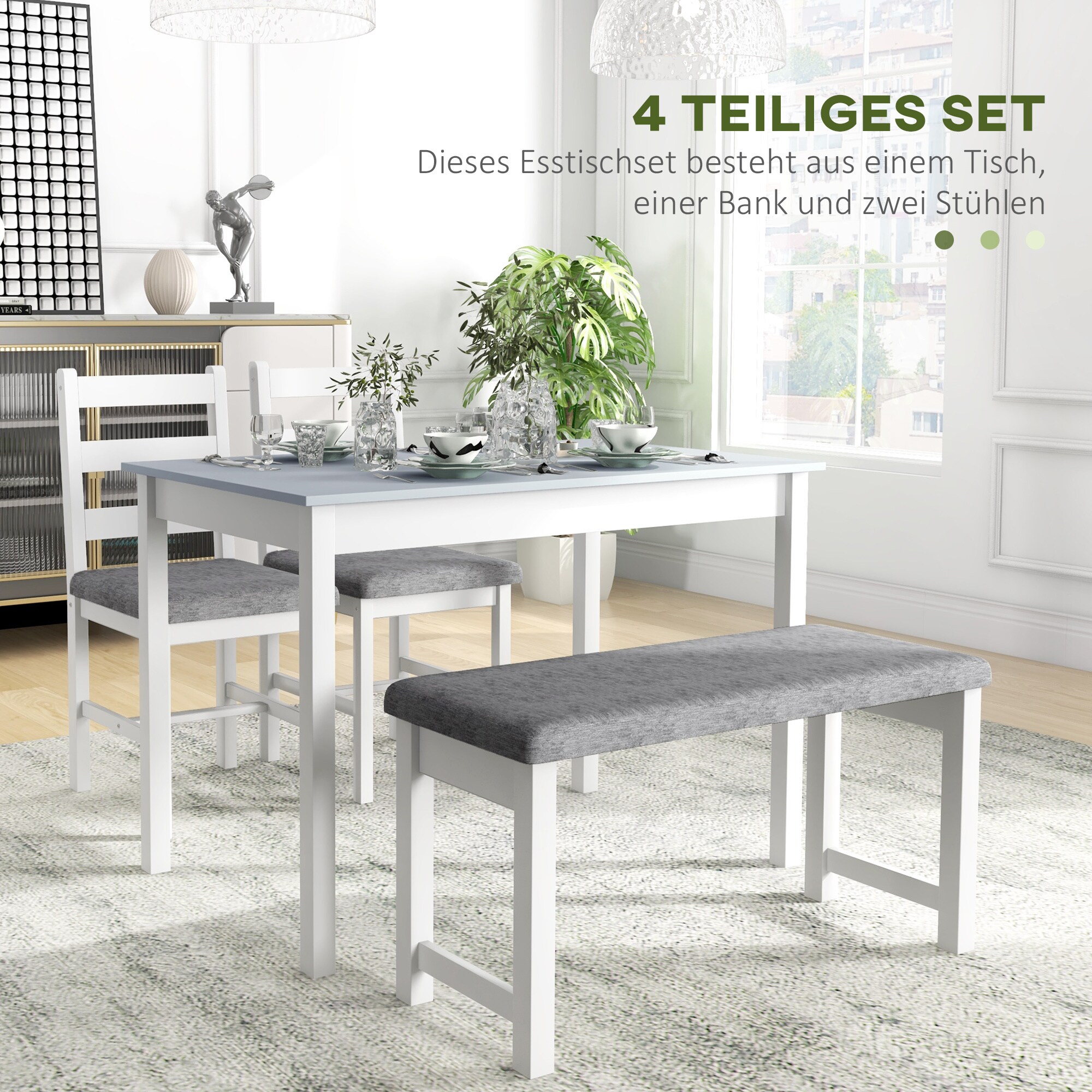 HOMCOM Essgruppe mit 2 gepolsterten Stühlen und einer Bank weiß, grau 108L x 65B x 75H cm