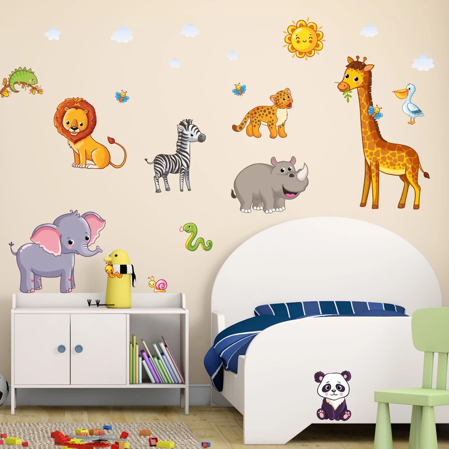 Nikima Wandtattoo 080 Wandtattoo Tiere Kinderzimmer Elefant Löwe Giraffe bunt