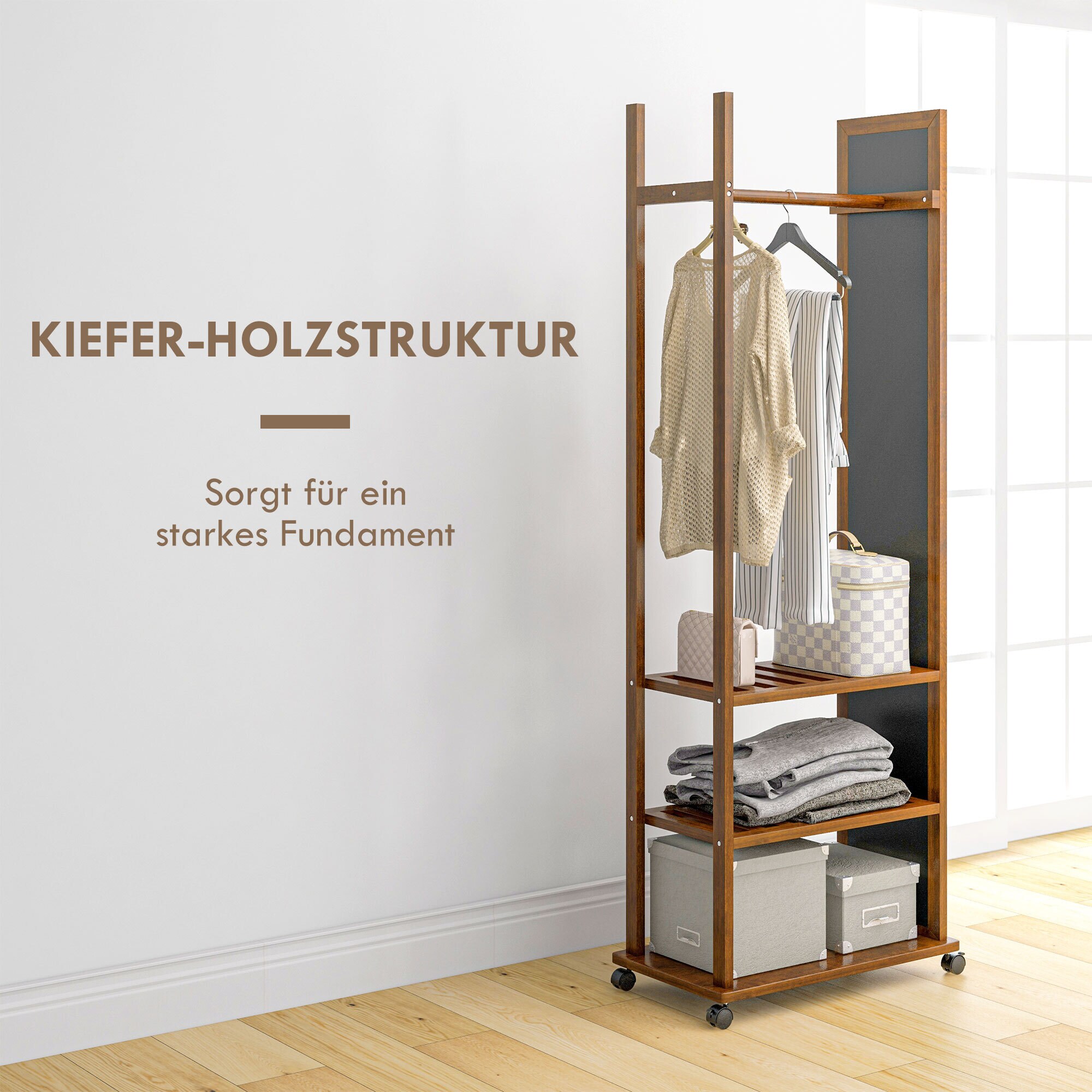 HOMCOM Standspiegel mit Regal und Rollen natur 35,8L x 59,8B x 170H cm