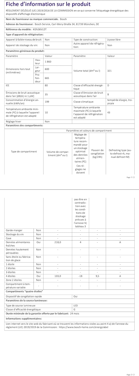 Réfrigérateur combiné autoportant Bosch KGN36VLDT série 4, 321 L
