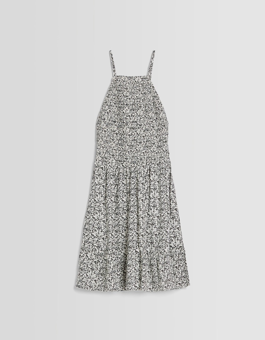 Vestido curto com estampa e decote halter