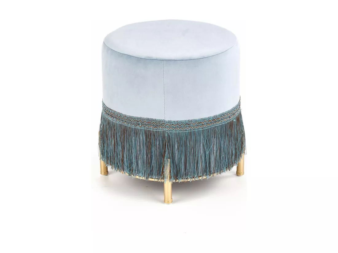 Pouf à franges en velours bleu clair avec pieds en métal doré BINGE