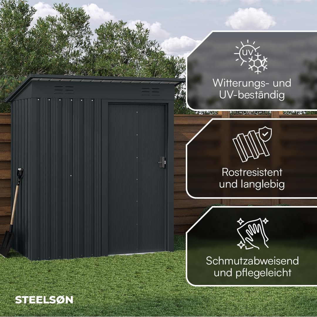 STEELSØN Talonix Gerätehaus Metall – Geräteschuppen mit Pultdach – Gartenhaus 184x85x149cm (HxTxB) – Gartenschuppen Anthrazit – Gartenhütte Zinkstahlrahmen – Gerätehütte rostfrei – Schuppen Garten
