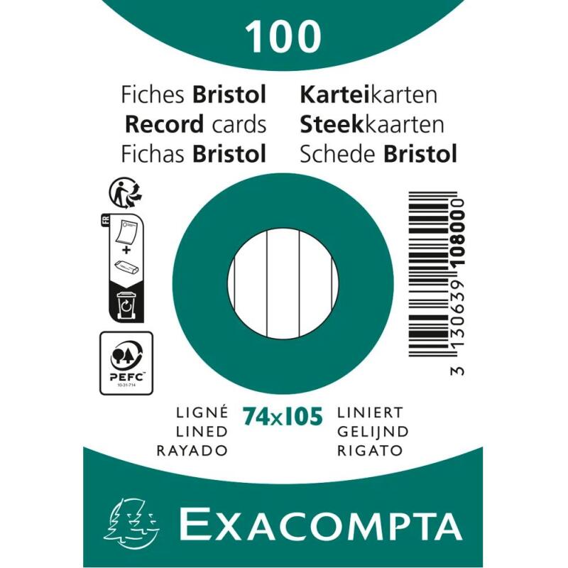 Paquet 100 fiches sous film - bristol ligné non perforé 74x105mm - Blanc