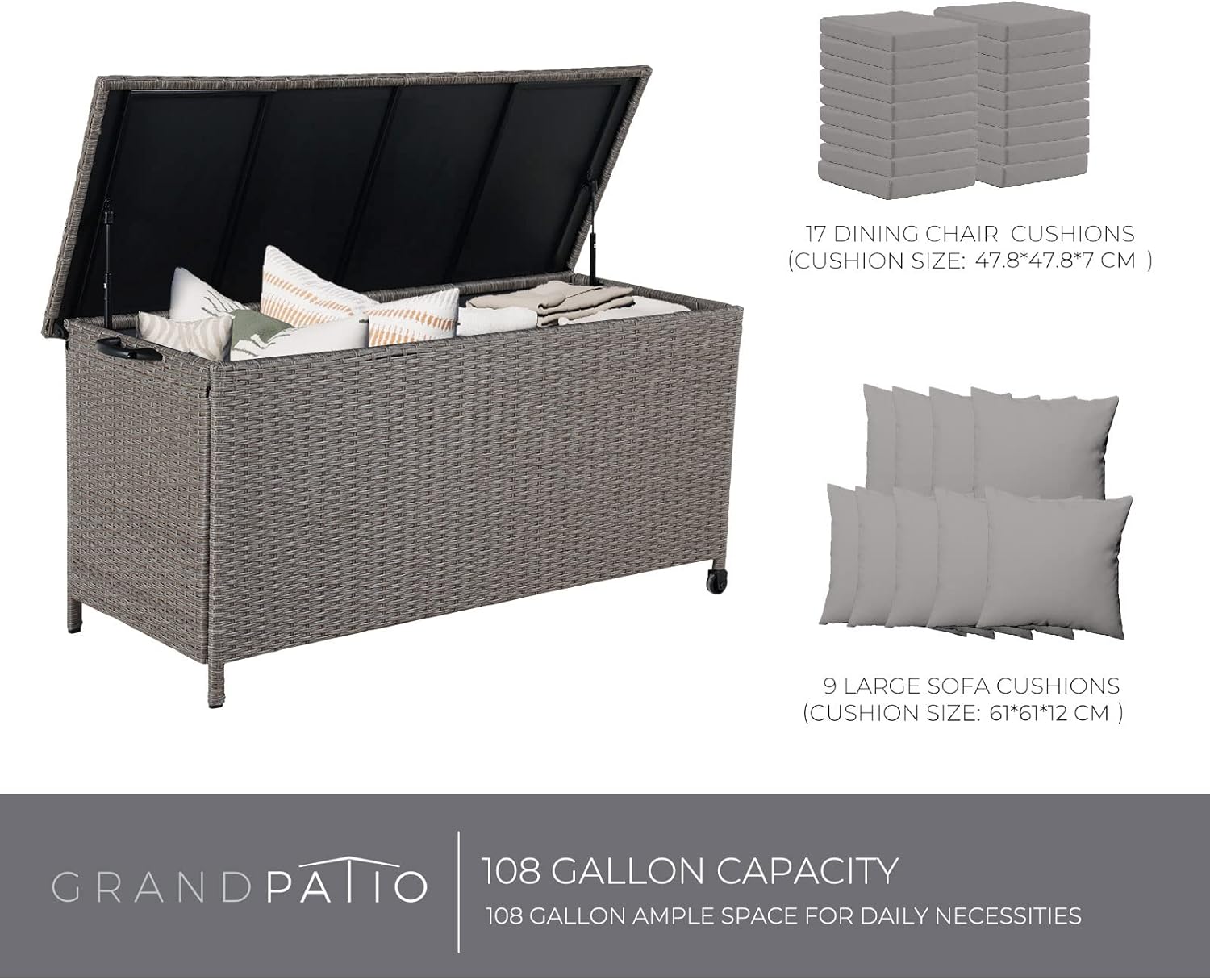 Grand patio Rattan Auflagenbox 480 Liter Gartenbox mit Deckel und Gasdruckfedern, UV-beständig Aufbewahrungskiste mit Zwei Radern, Leicht Bewegen, Kissenbox für Garten, Balkon