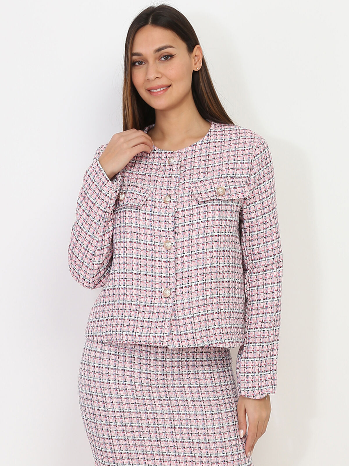 Veste en tweed à boutons officier- Rose